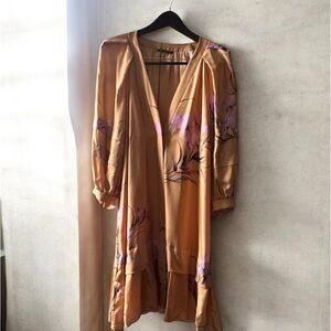 Kobi Halperin Peach Satin Dress with Black & Gold Trim